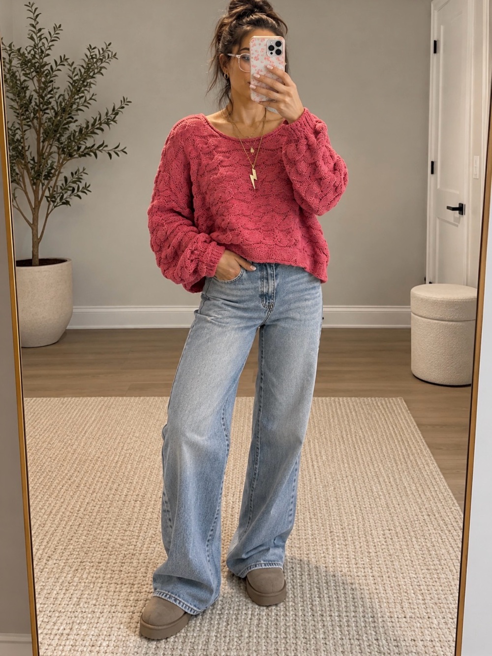 POL Textured Cropped Sweater in Pink Size Small